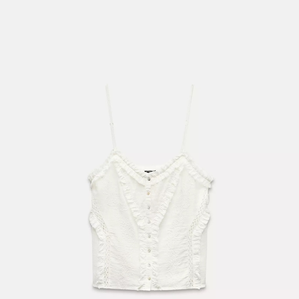 Zara embroidered White Lace Trim Button-Up Camisole